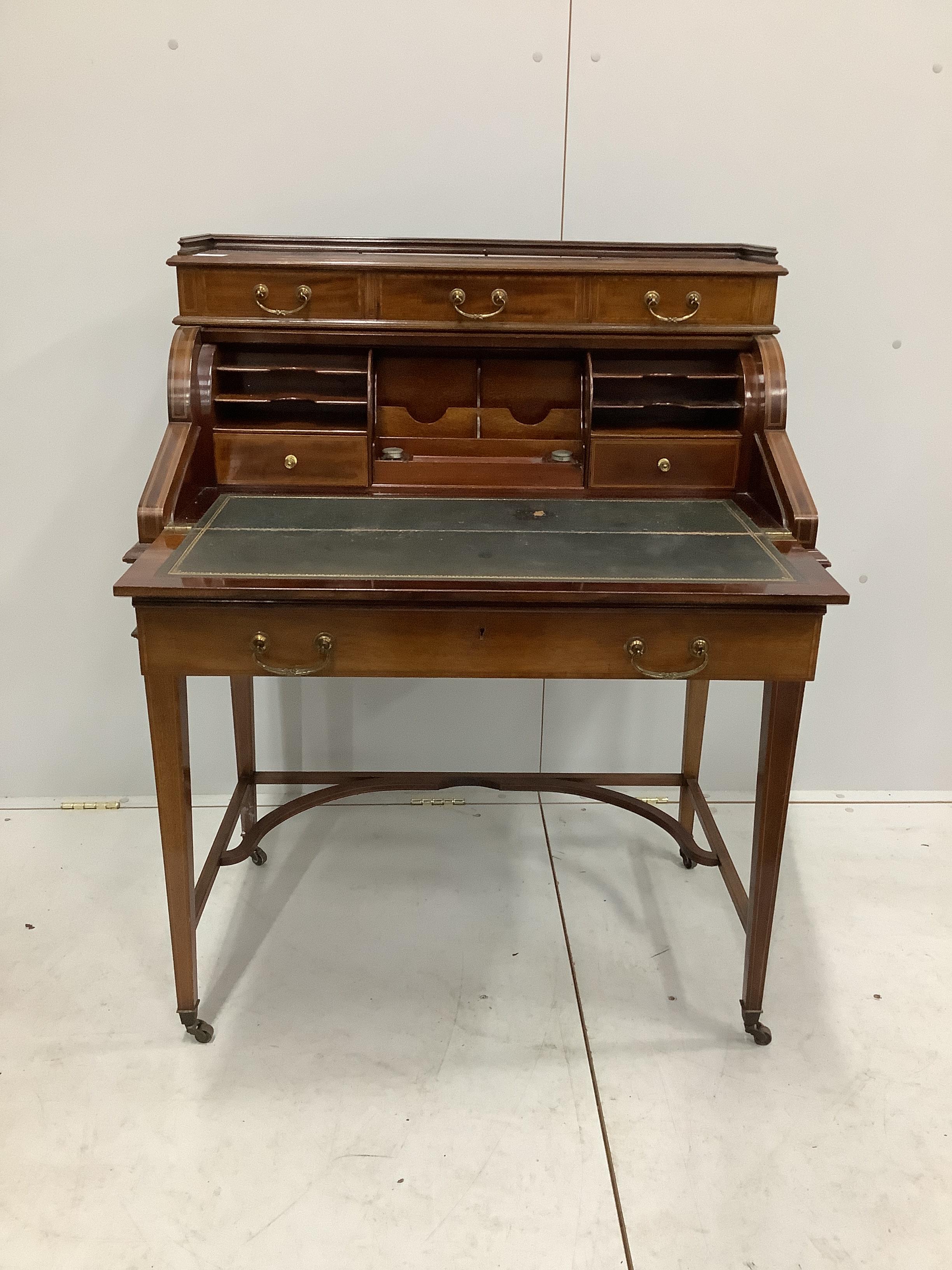 An Edwardian satinwood banded mahogany writing desk, width 84cm, depth 51cm, height 106cm